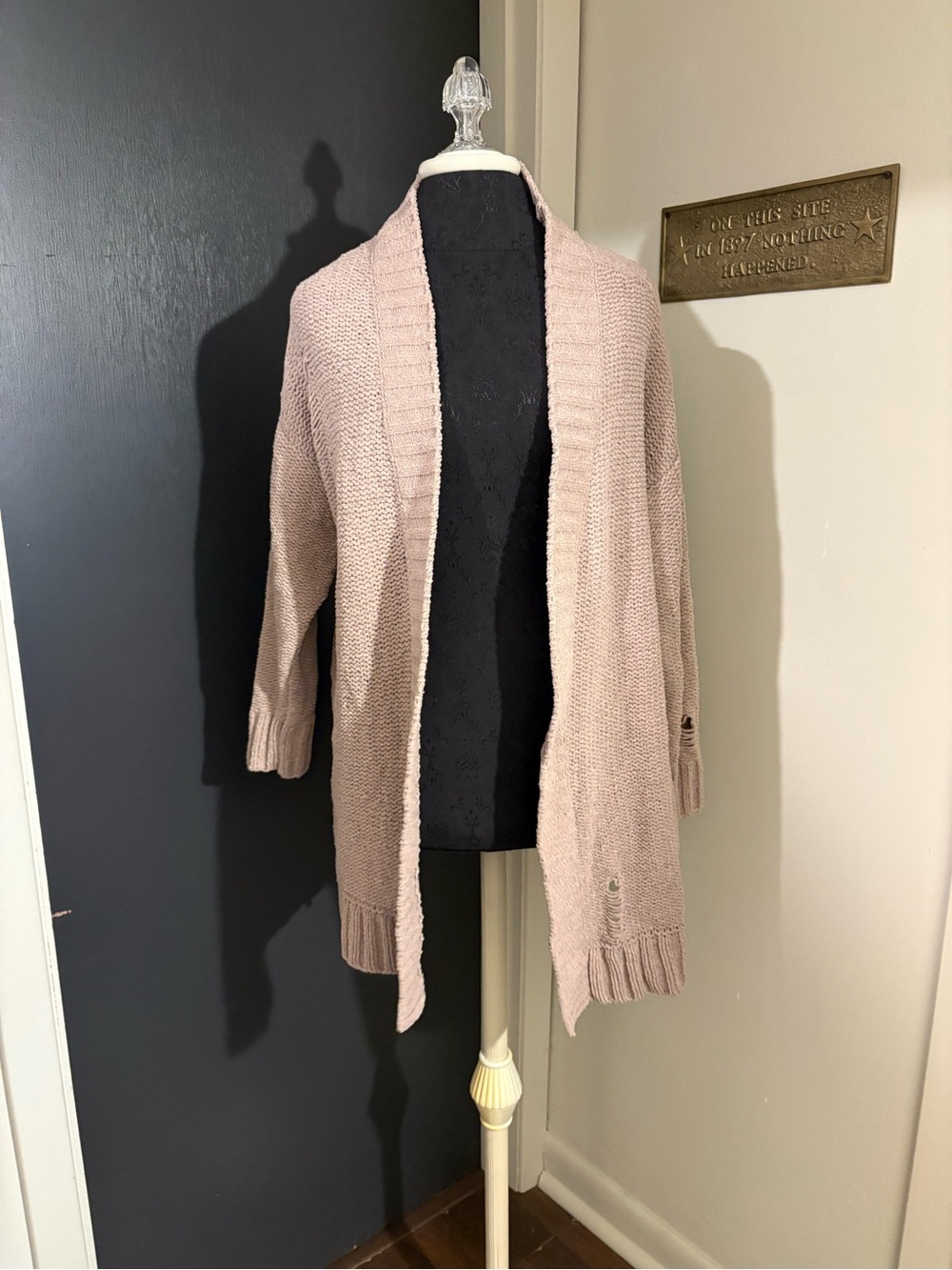 aerie Blush Mauve Open-Front Knit Chenille Cardigan with intentional distressing